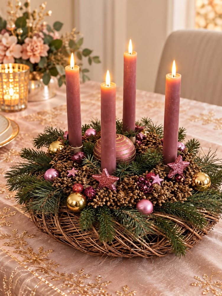 Adventskranz in Altrosa mit Stabkerzen auf Beerenkranz – Kempener Rose Kempen