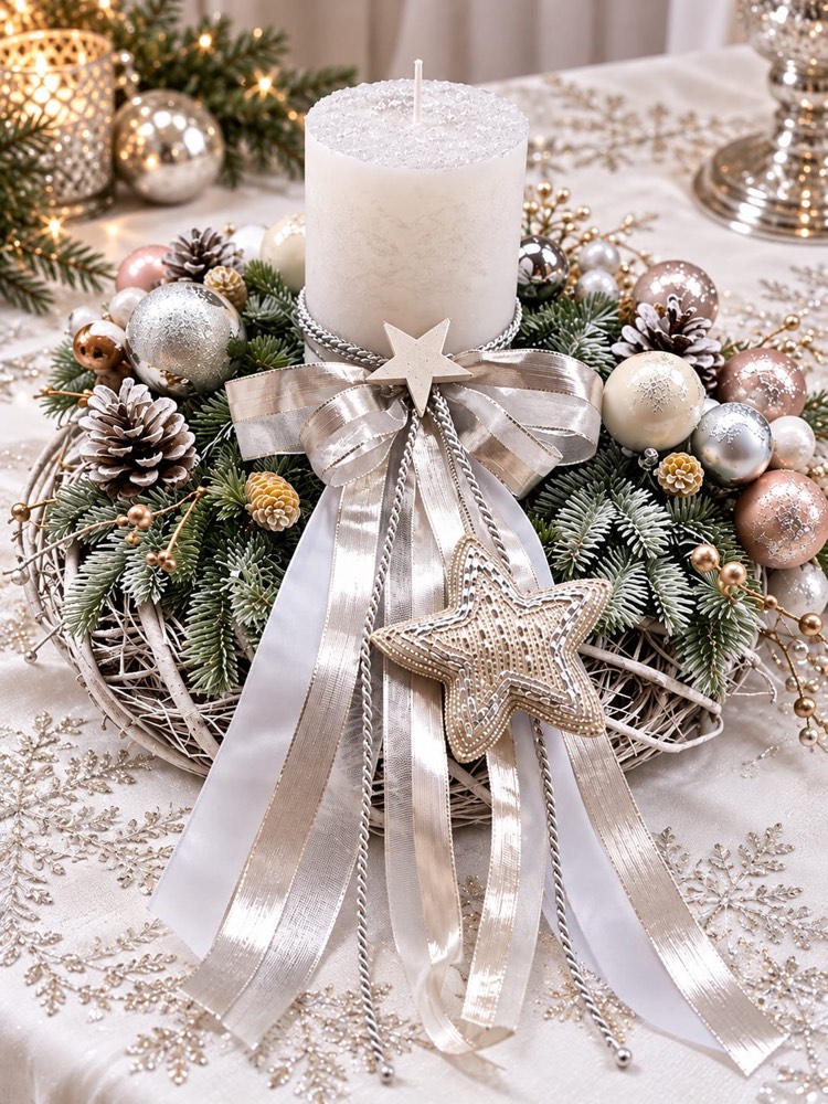 Adventsgesteck in Creme mit Stern auf Rattankranz – Kempener Rose Kempen