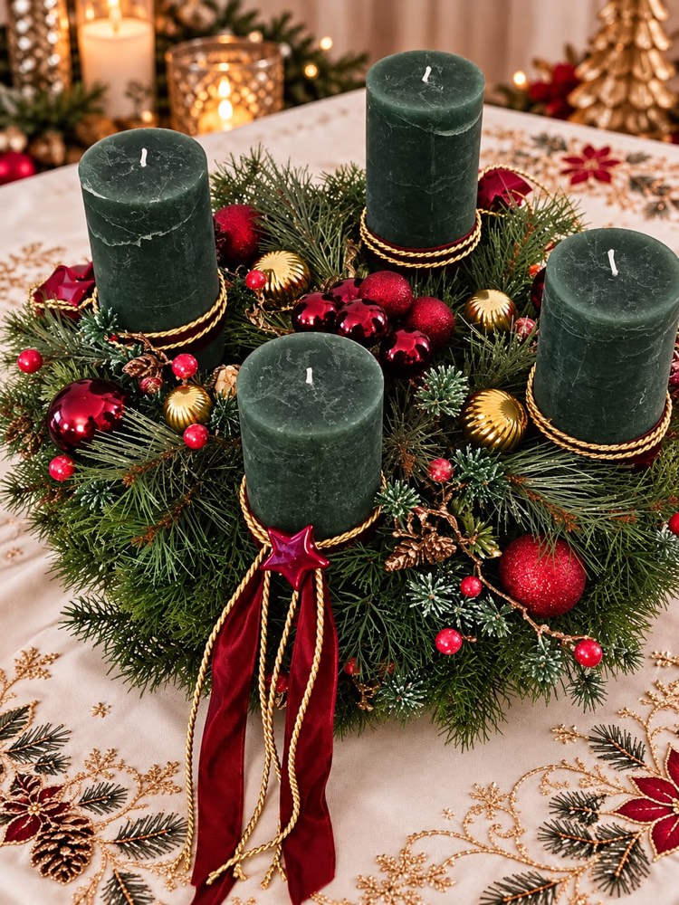 Adventskranz mit dunkelgrünen Kerzen und roten Beeren – Kempener Rose Kempen