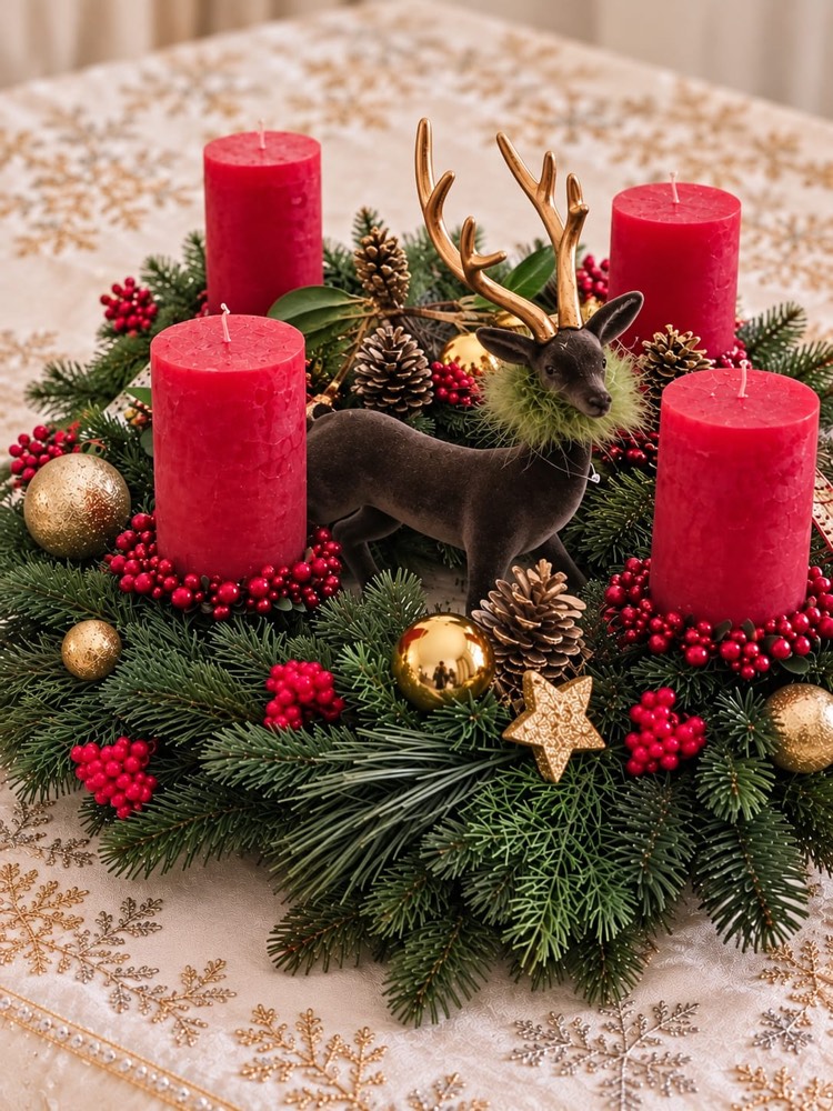 Adventskranz in Pink mit Samthirsch und Zapfen – Kempener Rose Kempen