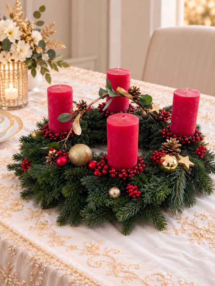 Klassischer Adventskranz in Rot mit Beeren und Goldkugeln – Kempener Rose Kempen