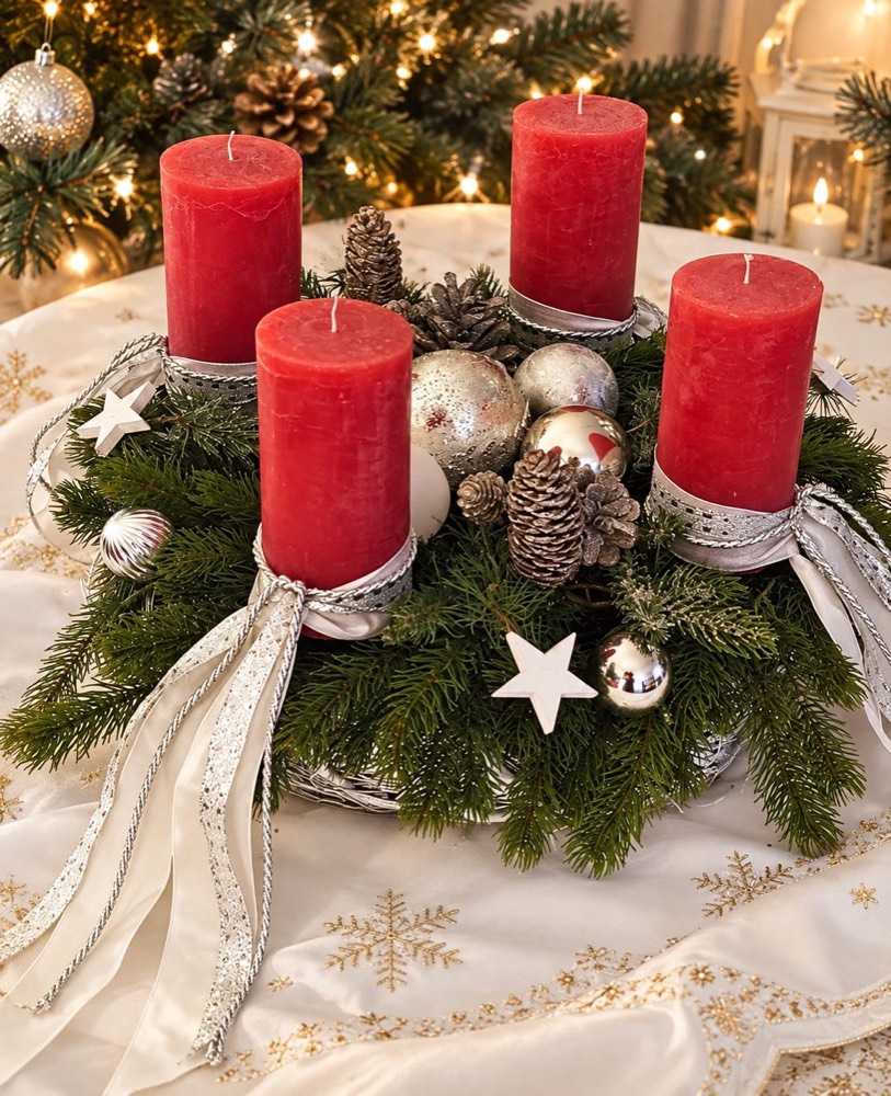 Adventskranz in Rot und Silber mit Zapfen und Bändern – Kempener Rose Kempen