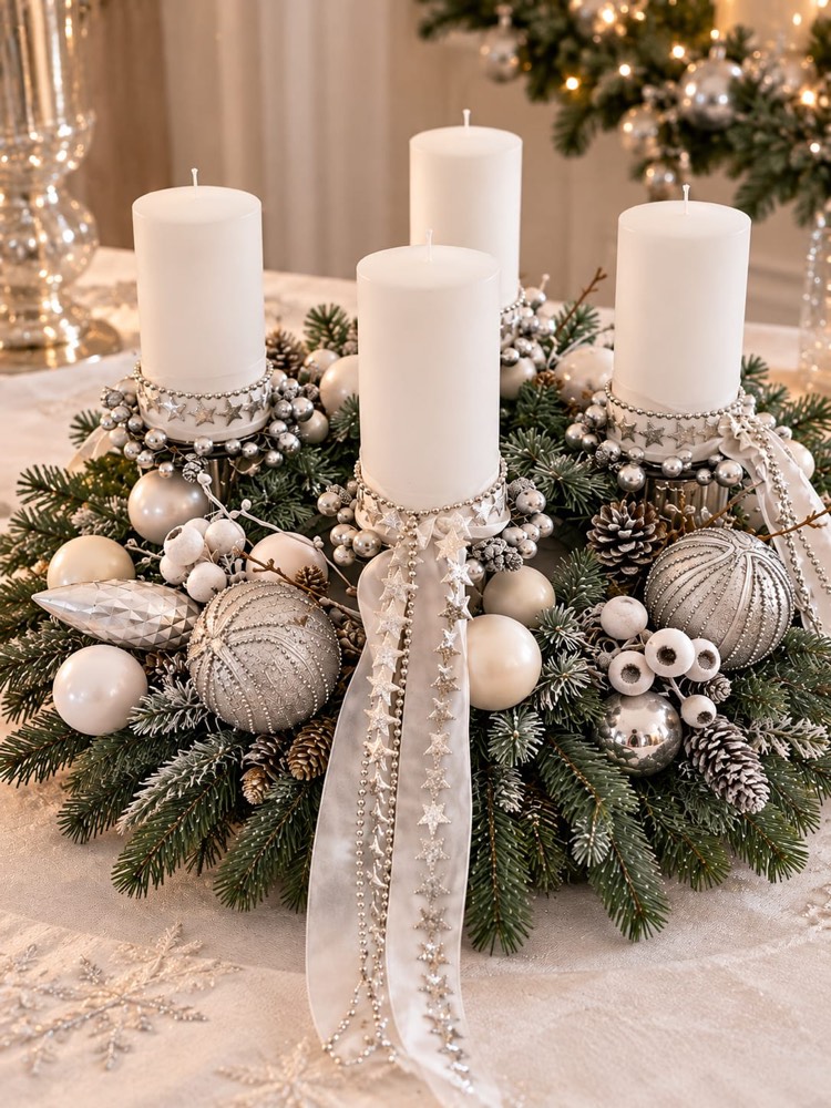 Adventskranz in Weiß und Silber mit Perlenkränzen – Kempener Rose Kempen
