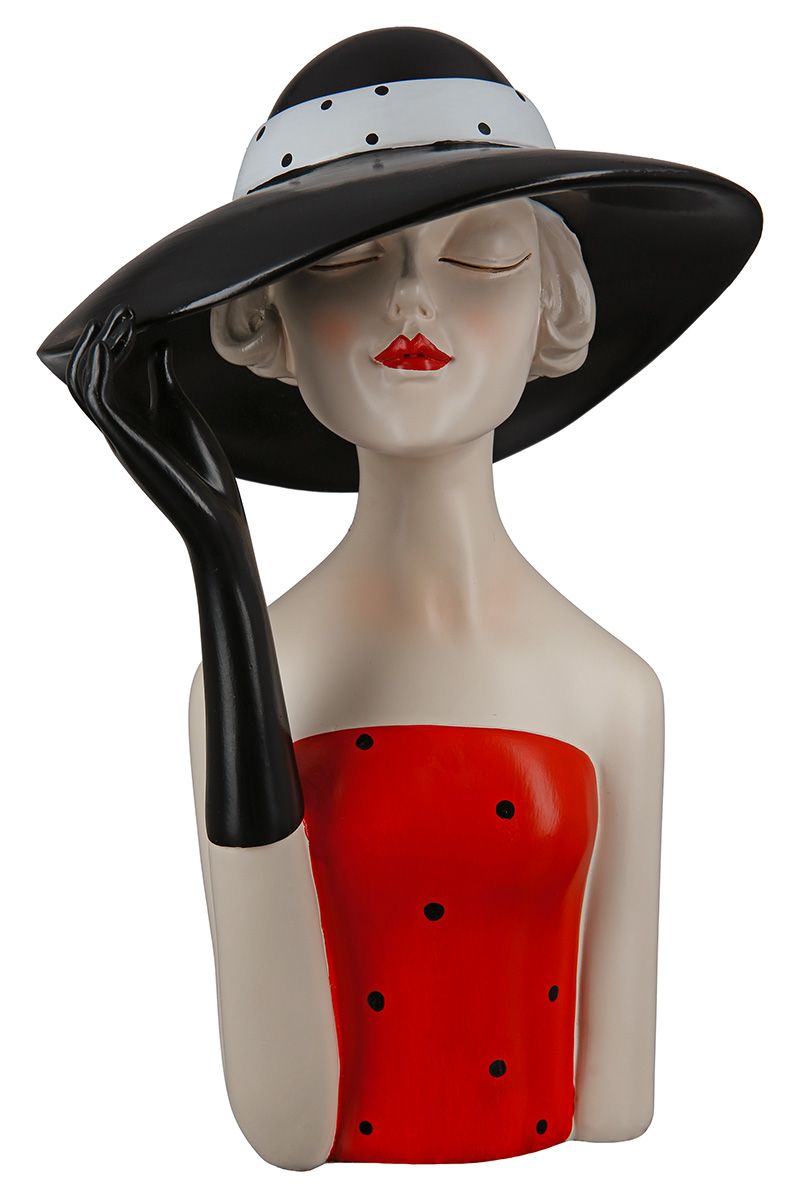 Figur Lady mit schwarzem Hut rotes Kleid mit schwarzen Punkten, handbemalt
