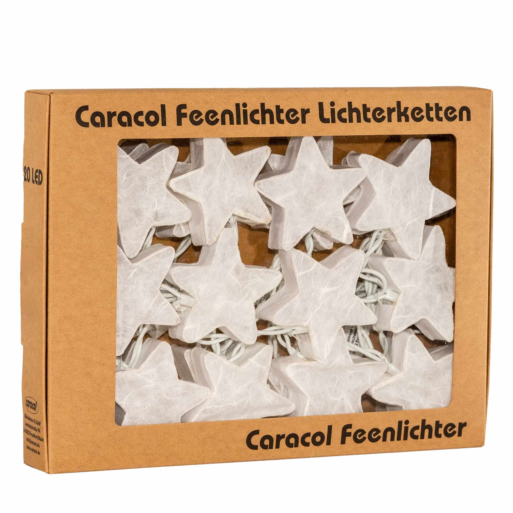 LED Lichterkette mit 20 handgefertigten weißen, festlichen und gemütlichen Sternen aus Saa Papier (handgeschöpftes Papier aus der Rinde des Maulbeerbaums). 